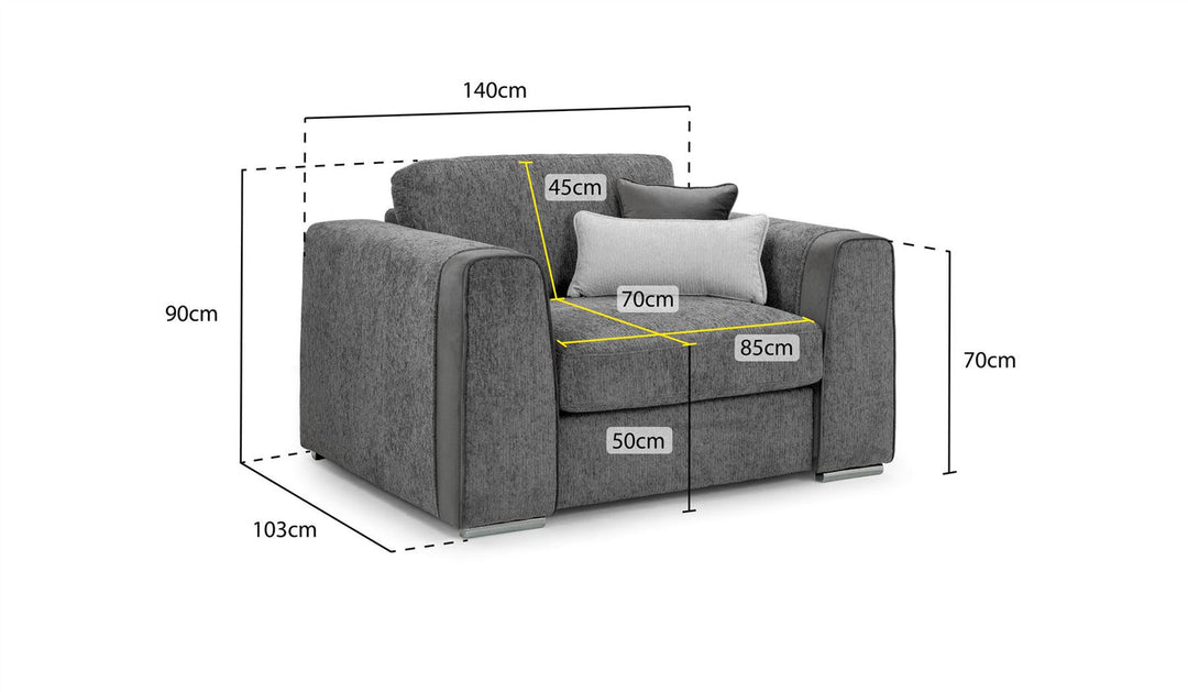 Gray armchair with dimensions labeled on a white background