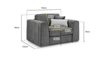 Load image into Gallery viewer, Gray armchair with dimensions labeled on a white background