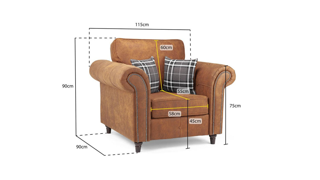 Brown armchair with dimensions marked on a white background