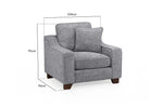Load image into Gallery viewer, Gray armchair with dimensions on a white background
