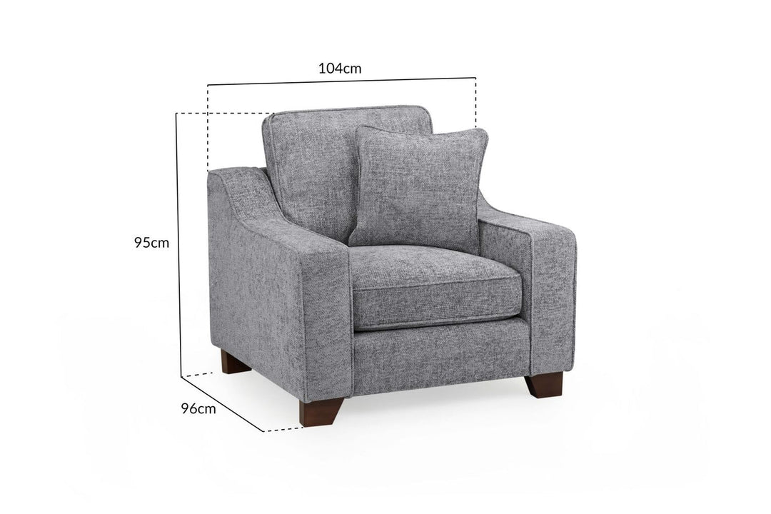 Gray armchair with dimensions on a white background