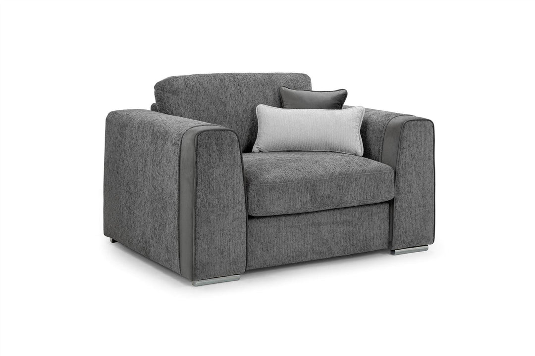 Gray upholstered chair with cushions on a white background