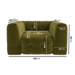 Load image into Gallery viewer, green color single seater sofa with its measurements placed in a living room