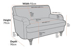 Load image into Gallery viewer, Gray sofa with dimensions labeled on a white background
