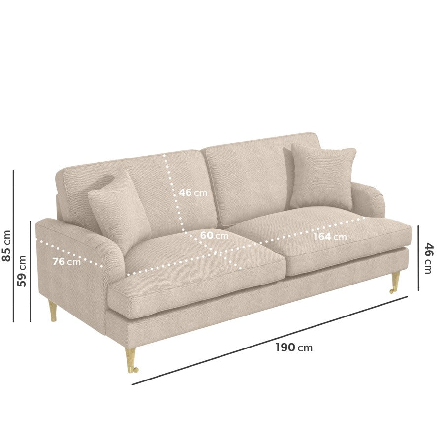 Beige sofa with dimensions marked on a white background