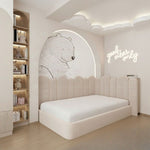 Load image into Gallery viewer, Modern bedroom with a bed, neon sign, and wall art.