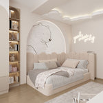 Load image into Gallery viewer, Modern bedroom with a bed, shelves, and decorative wall art.