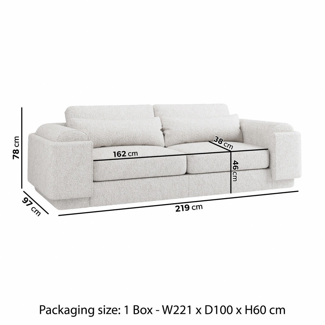 Size chart of Curved Cream Boucle 3 Seater Sofa sofa by DunePine - premium handmade upholstery available in UAE.