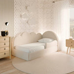 Load image into Gallery viewer, Children's bedroom with a cloud-shaped bed and decorative wall.