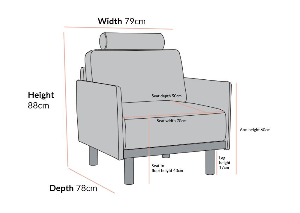 Gray armchair with dimensions labeled on a white background