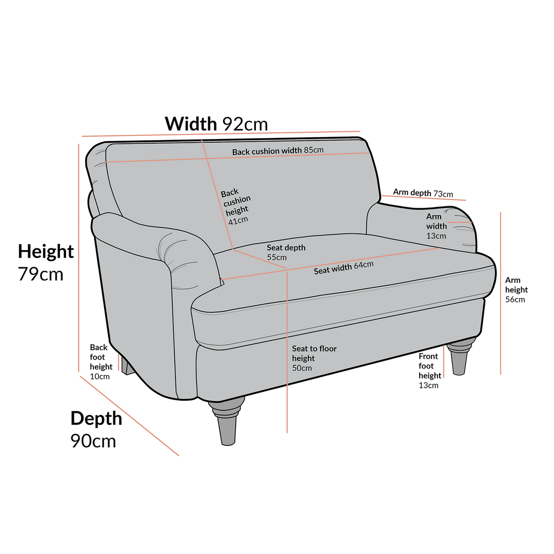 Gray armchair with dimensions labeled on a white background