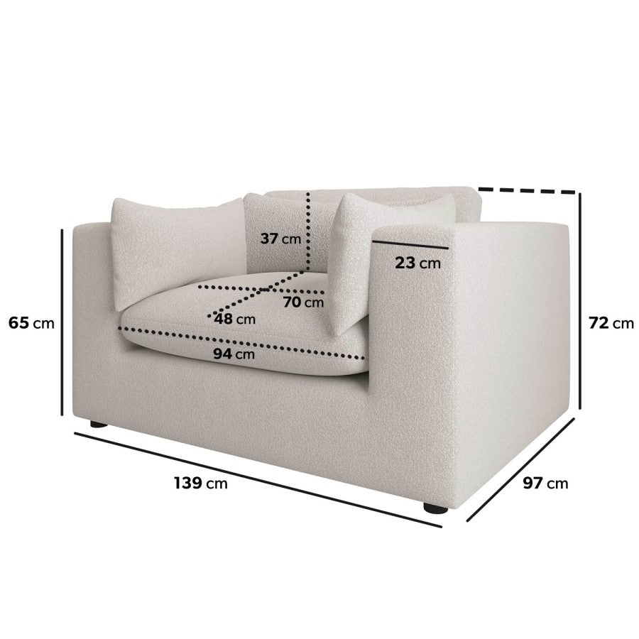 white color Single seater sofa with its measurement placed in a white background