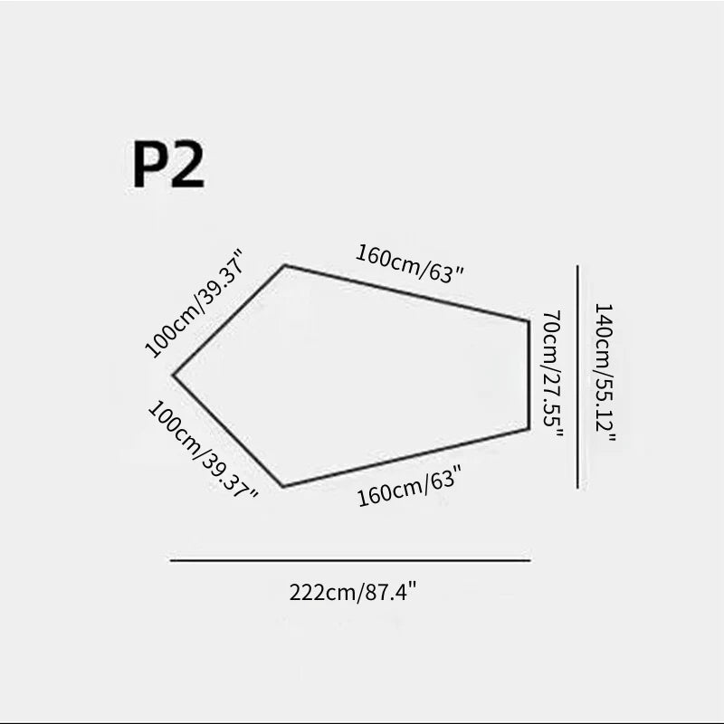 Measurement chart for a product labeled P2 with dimensions in centimeters and inches.