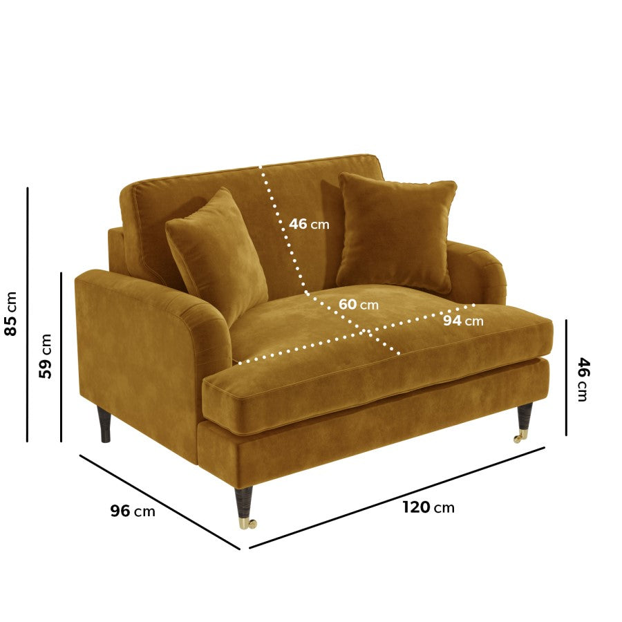 Brown sofa with dimensions marked on a white background