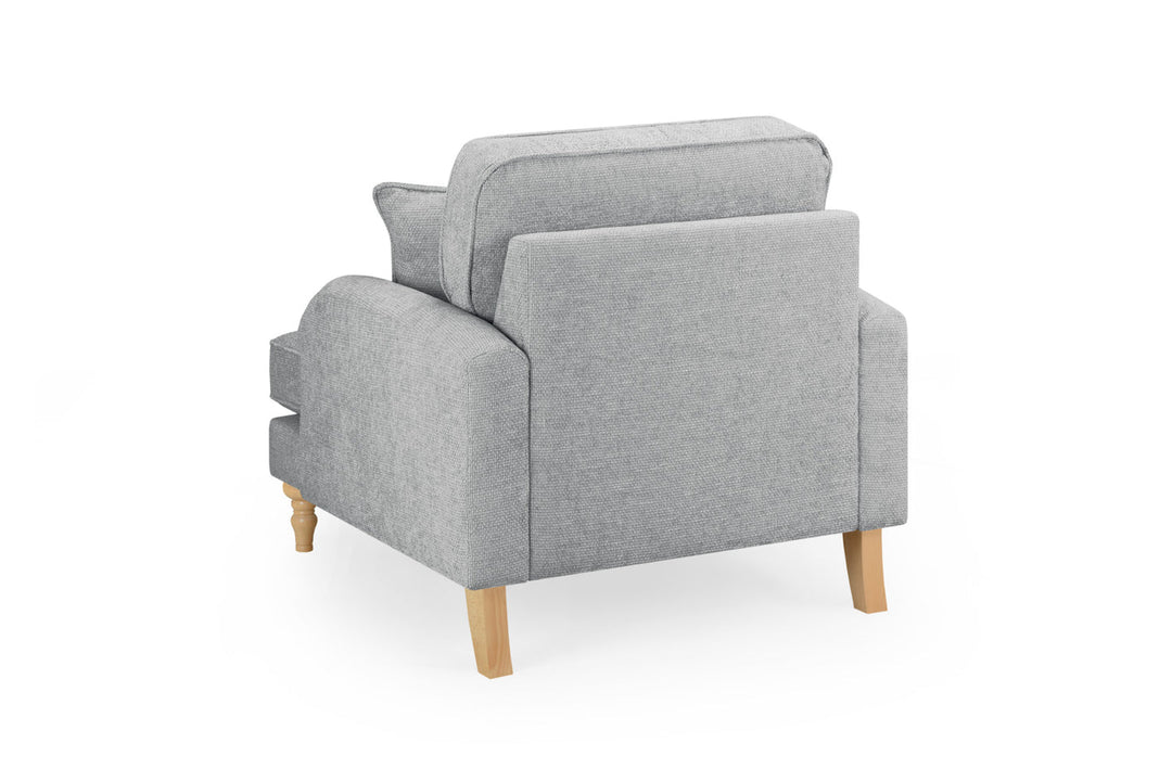 Gray armchair with wooden legs on a white background