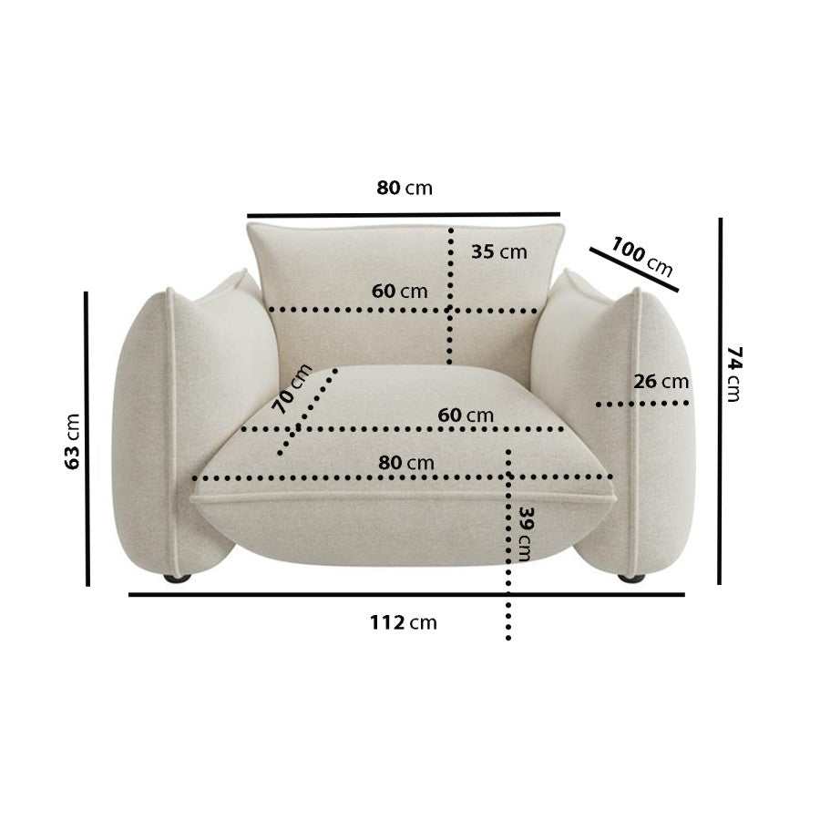 sofa in a white background with itesmeasurements