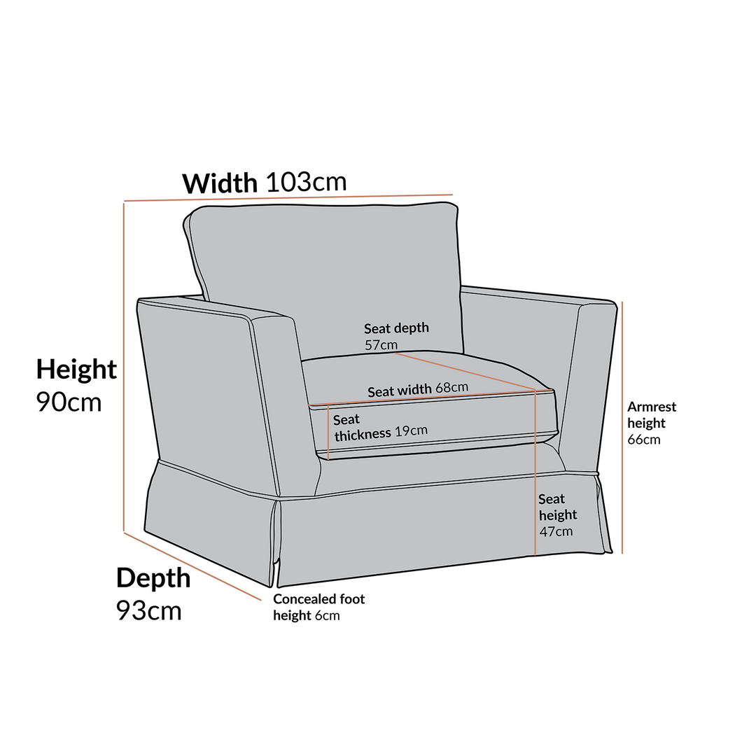 Gray armchair with dimensions labeled on a white background