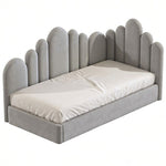 Load image into Gallery viewer, Gray upholstered bed with unique headboard design on a white background