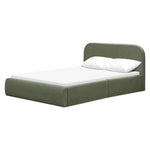 Load image into Gallery viewer, An upholstered bed frame in sage green fabric, shown with a white mattress and two white pillows against a plain white background.