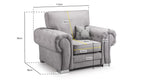 Load image into Gallery viewer, Gray armchair with dimensions labeled on a white background