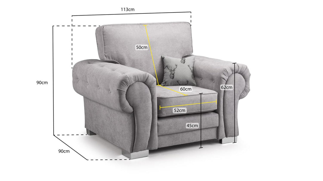 Gray armchair with dimensions labeled on a white background