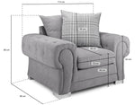 Load image into Gallery viewer, Gray armchair with dimensions labeled on a white background