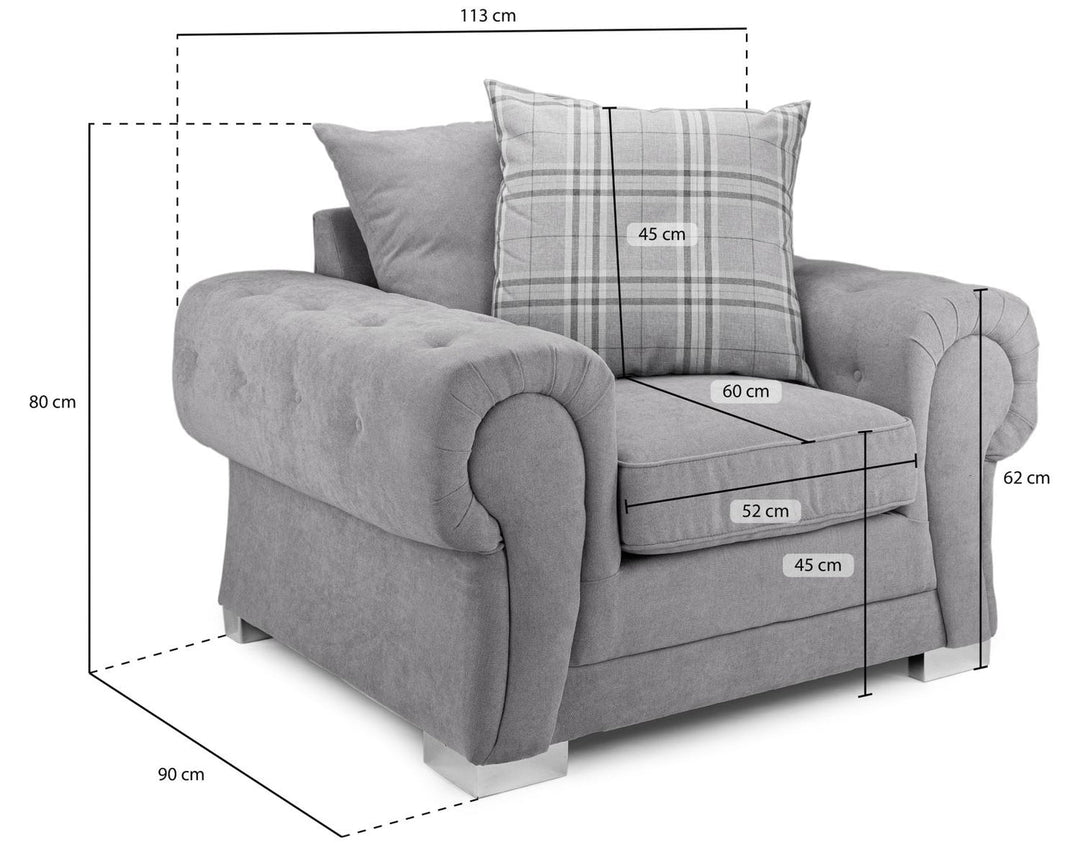 Gray armchair with dimensions labeled on a white background
