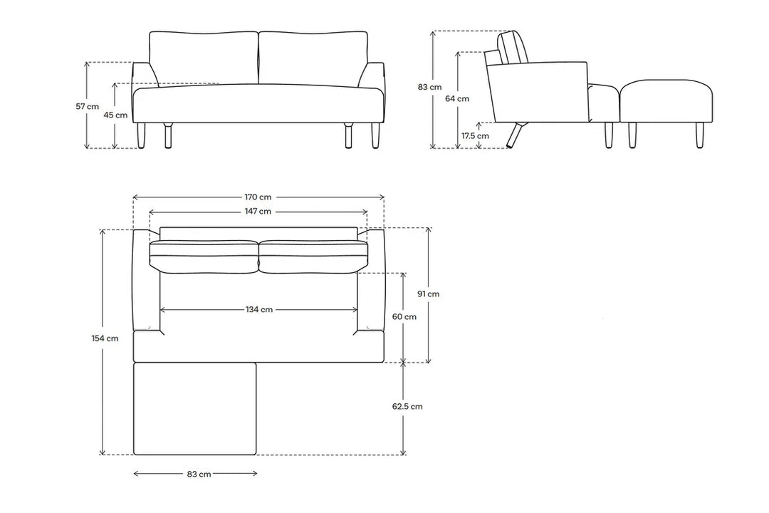 Bliss 2-Seater Right Chaise Sofa - modern 2-seater chaise sofa with premium fabric, handcrafted by Dunepine, Dubai
