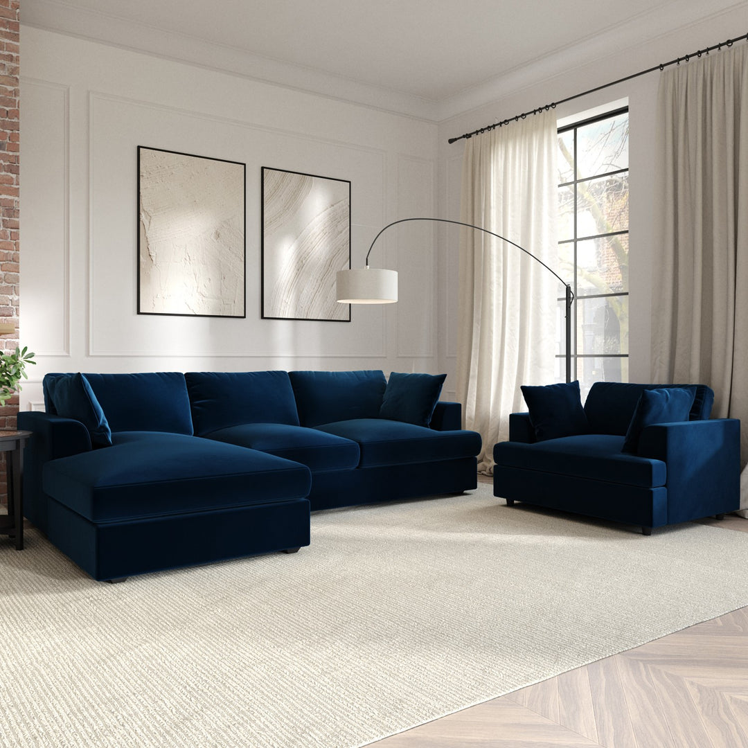 Navy Velvet Left Hand 4 Seater Chaise Corner Sofa sofa by DunePine - premium handmade upholstery available in UAE.