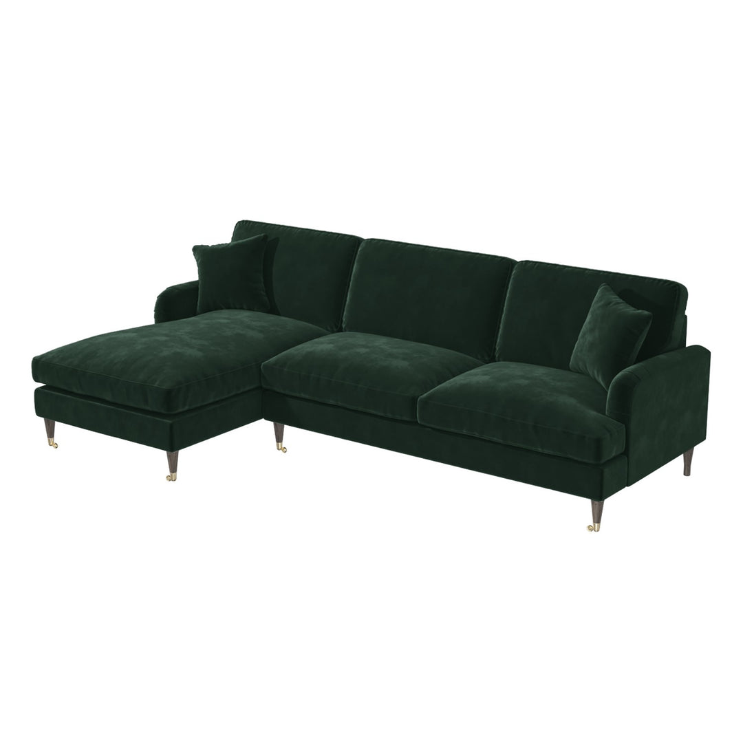 Dark Green Velvet Left Hand Facing 4 Seater Chaise Corner Sofa sofa by DunePine - premium handmade upholstery available in UAE.