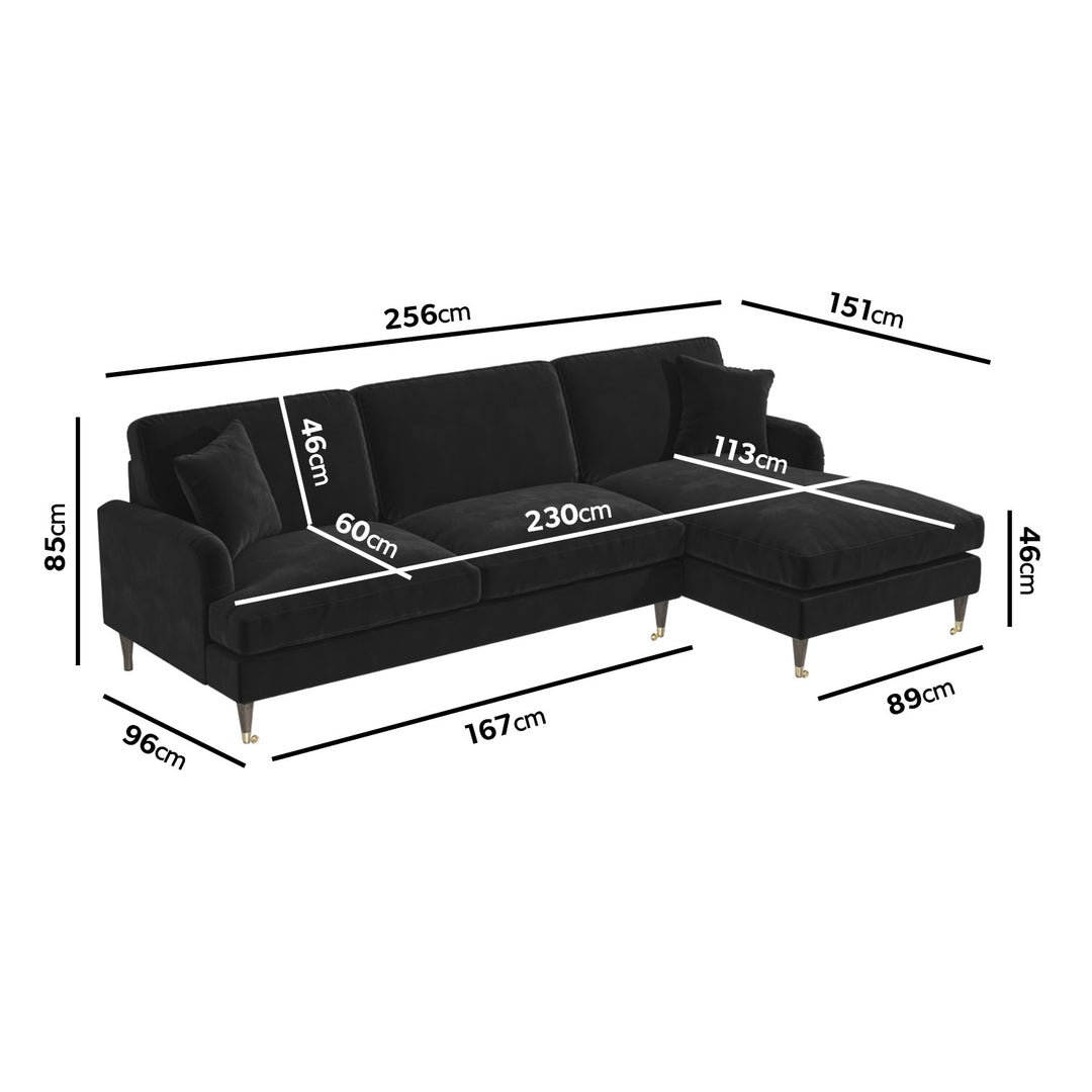 Black Velvet Right Hand Facing 4 Seater Chaise Corner Sofa sofa by DunePine - premium handmade upholstery available in UAE.