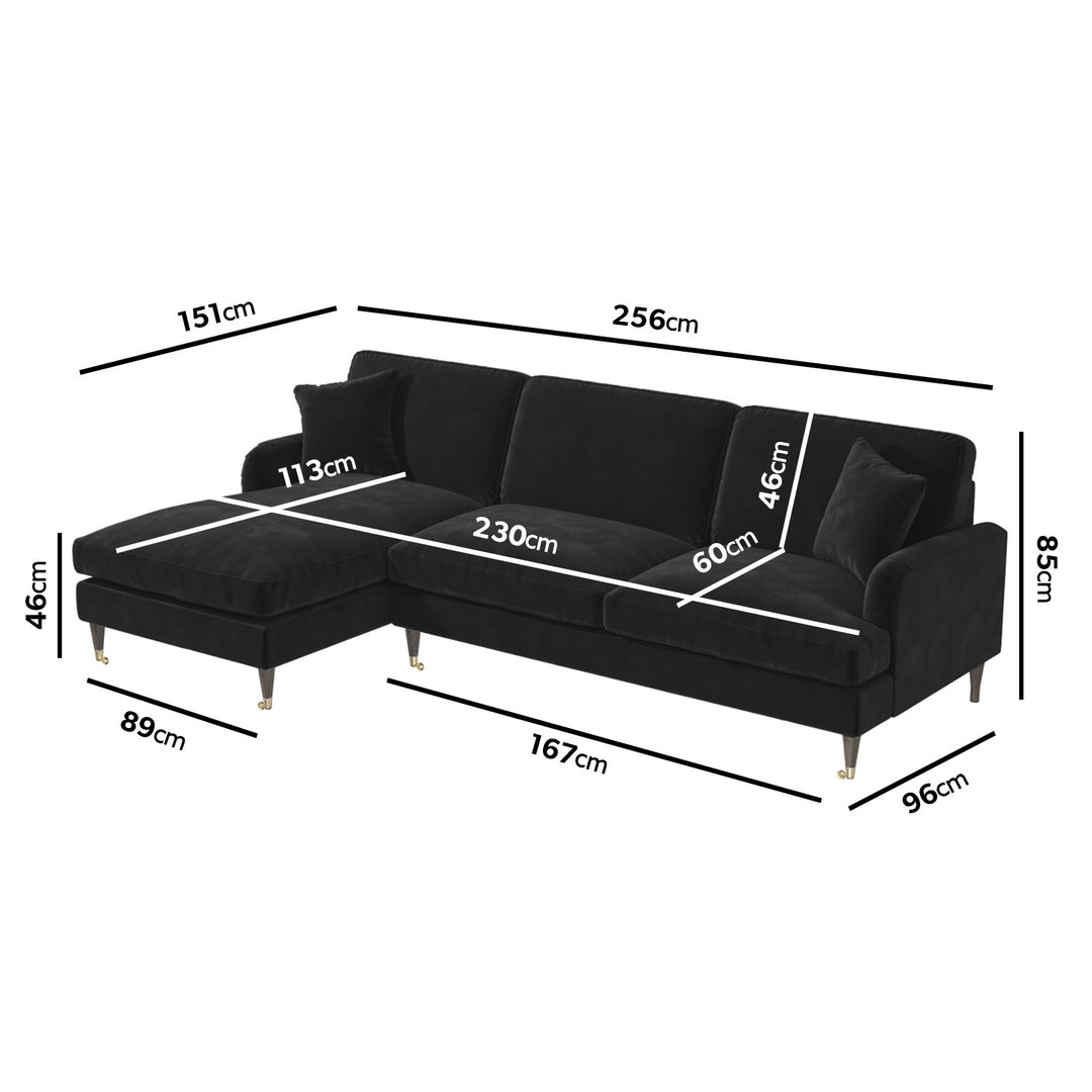 Black Velvet Left Hand Facing 4 Seater Chaise Corner Sofa sofa by DunePine - premium handmade upholstery available in UAE.