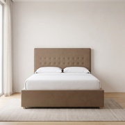 Edwards Fabric Ottoman Bed Frame with buttoned headboard shown in mocha fabric in a bright bedroom – illustrative image – Dune & Pine