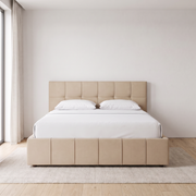 Everest Classic Ottoman Bed Frame with square-panel headboard shown in beige in a bright bedroom – illustrative image – Dune & Pine