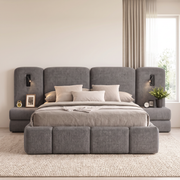 Oasis upholstered bed with two upholstered side tables, front view