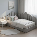 Load image into Gallery viewer, Modern bedroom with a gray upholstered bed, white bedding, and a side table.