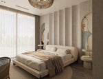 Load image into Gallery viewer, Modern bedroom with a bed, mirrors, and a chandelier.