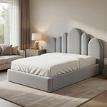 Load image into Gallery viewer, Neatly made bed with a gray upholstered headboard in a modern bedroom setting.