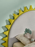 Load image into Gallery viewer, Children's headboard with sun design and plush toy on a light green wall