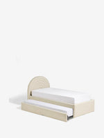 Load image into Gallery viewer, Beige bed with white mattress on a white background