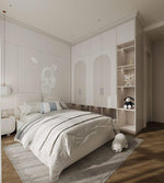 Load image into Gallery viewer, Modern bedroom with white bed, wardrobe, and decorative items.