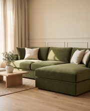 Olive green velvet L-shaped chaise corner sofa – Dune & Pine
