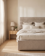 Upholstered ottoman bed in a warm bedroom – Dune & Pine beds