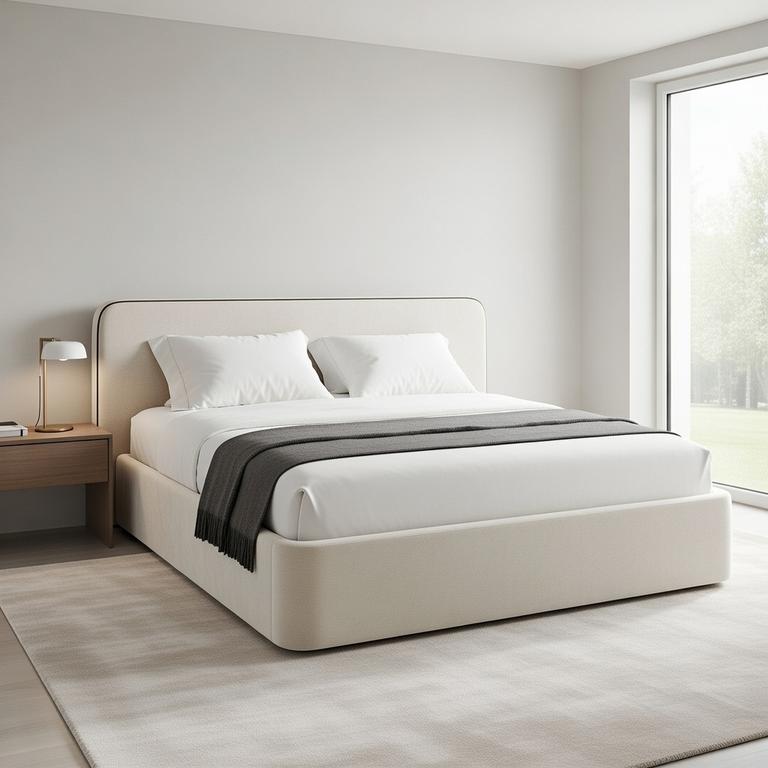 Beige bed in a modern bedroom with a lamp and window.