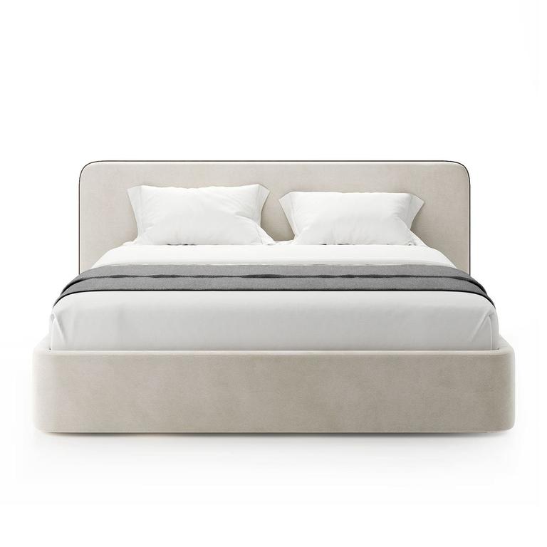 Beige bed with white bedding on a white background