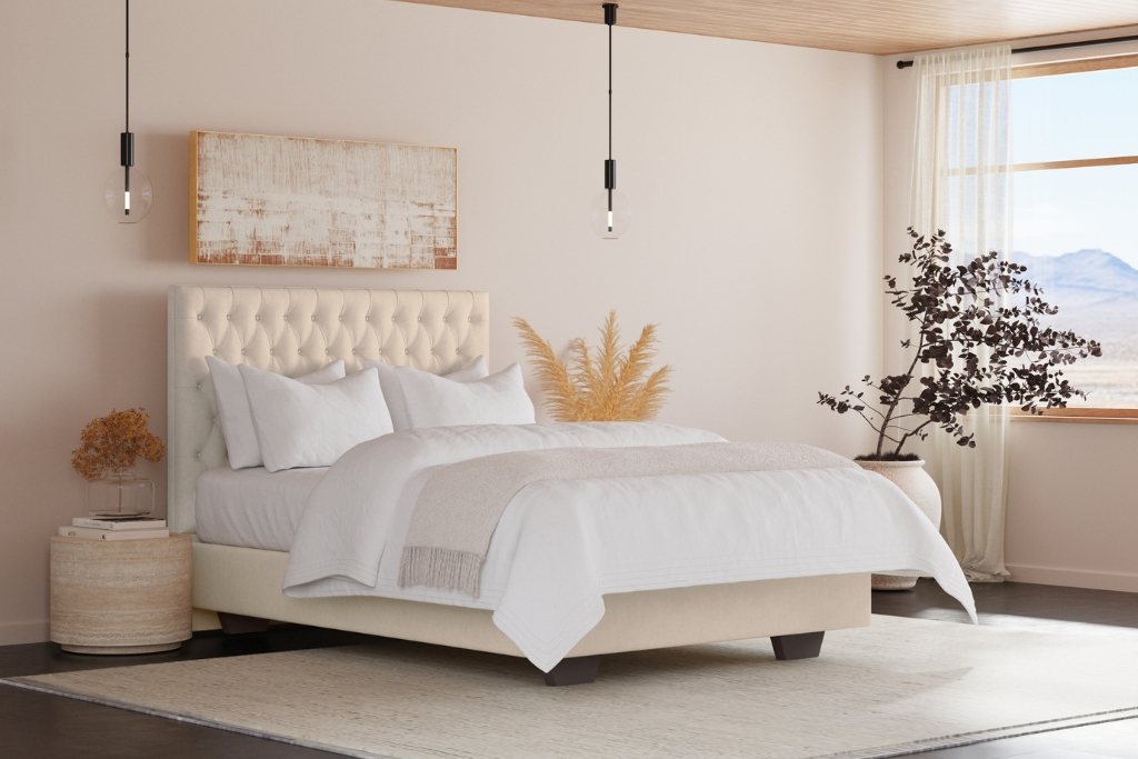 Haven Premium Bed Frame – premium bed frame made in UAE by DunePine with upholstery finish.