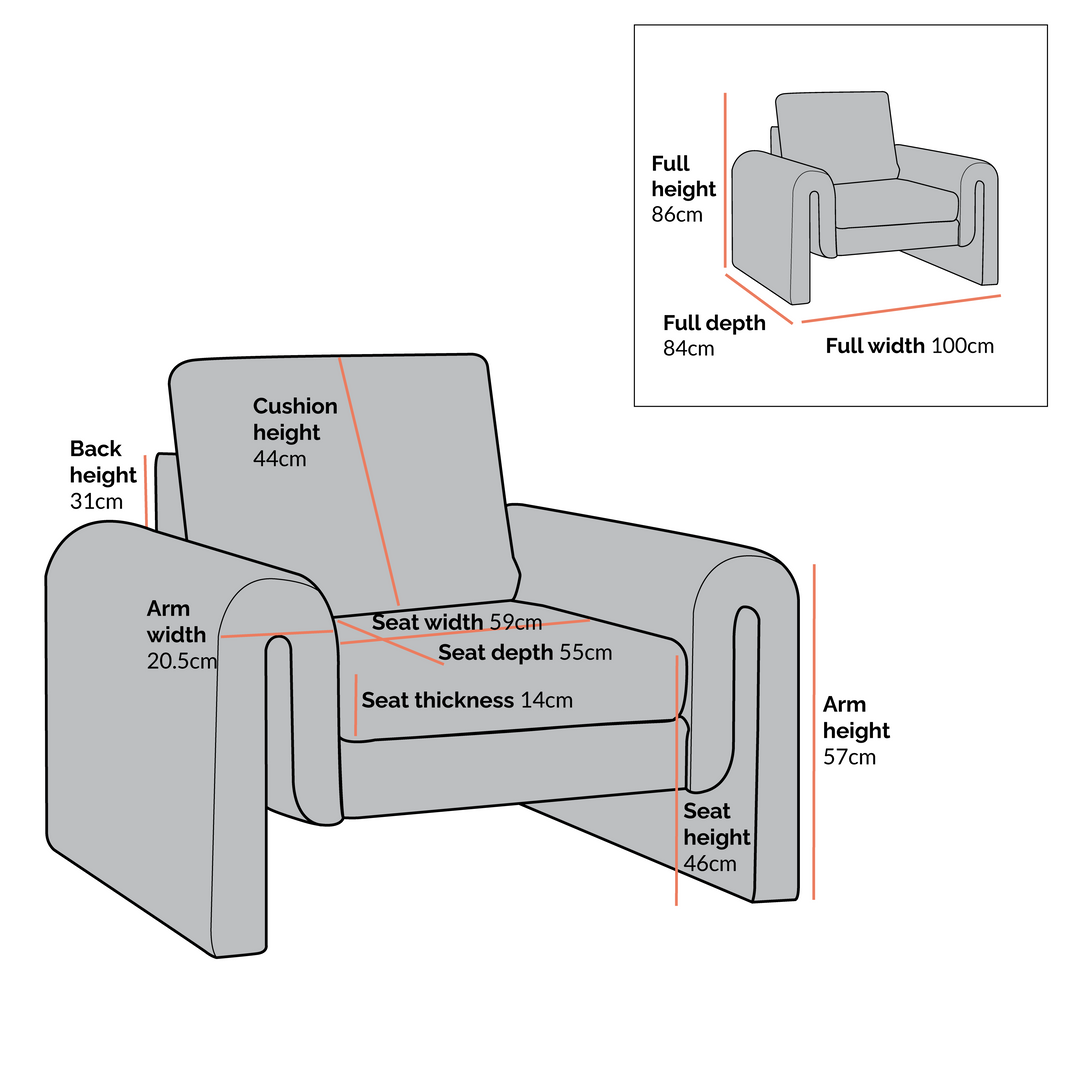 Gray armchair with detailed dimensions on a white background