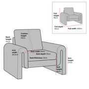 Gray armchair with detailed dimensions on a white background