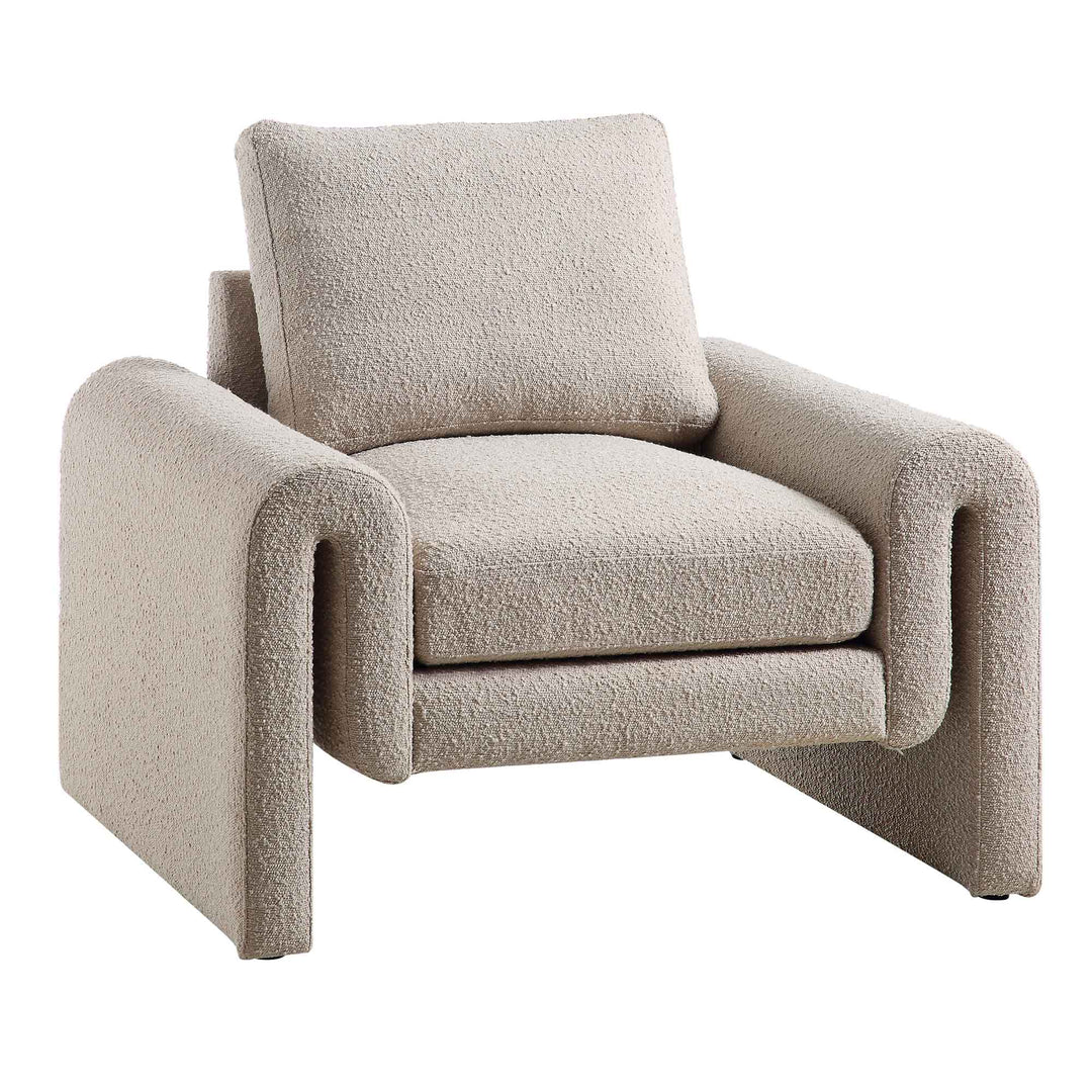 Beige armchair with a textured fabric on a white background