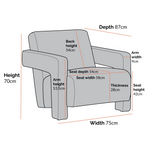 Load image into Gallery viewer, Gray armchair with dimensions labeled on a white background
